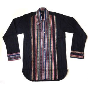 Vintage 70s black embroidered buttondown shirt S